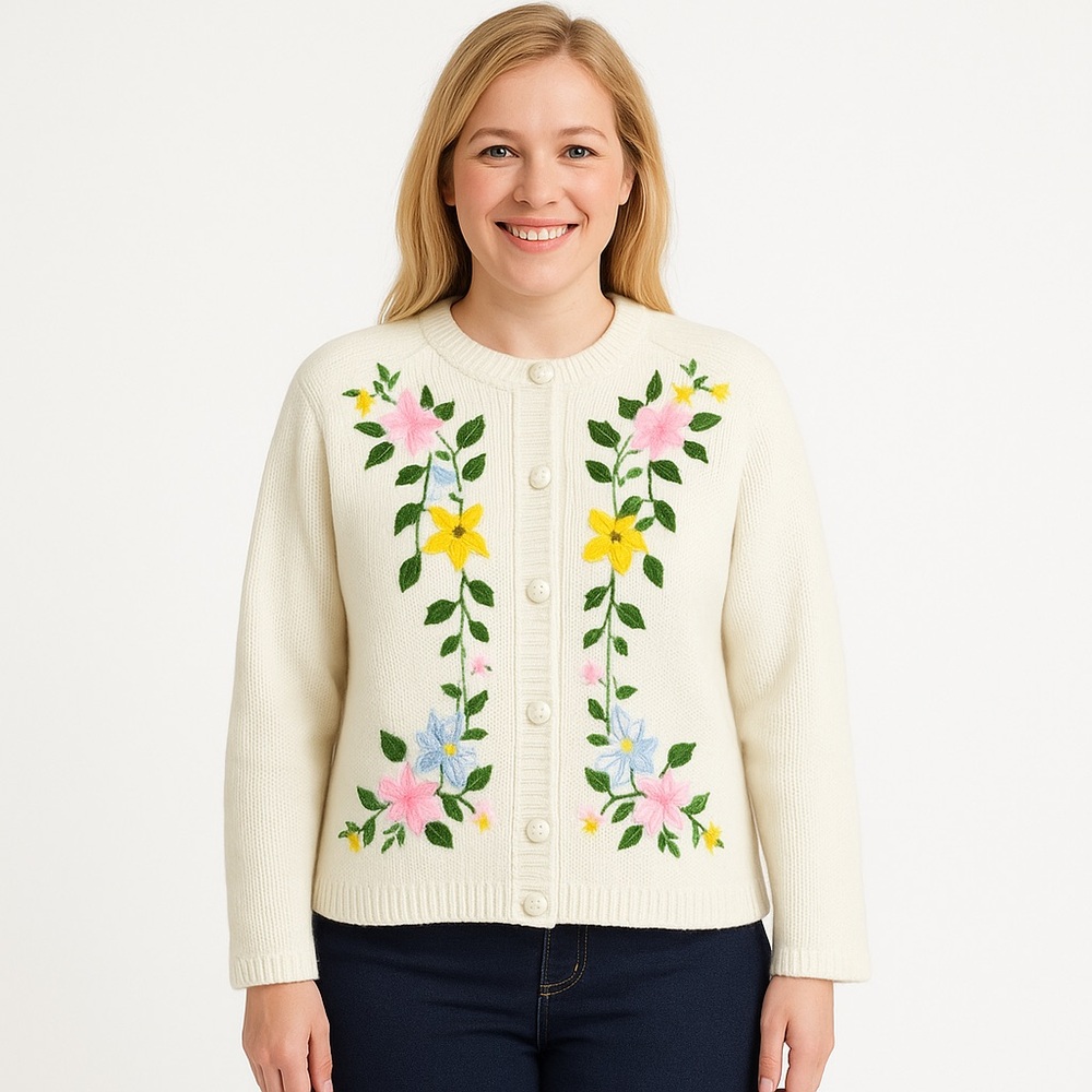 Vintage Sweater Bee By Banff White Cardigan Hand Embroidered Flowers Sz M EUC - Picture 3 of 13